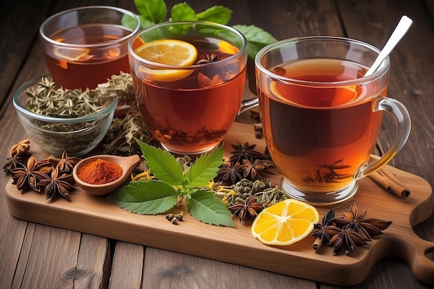 Photo cups of herbal tea with spices on the wooden board