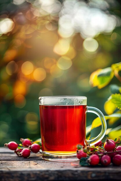 Photo cups of rosehip tea on the background of nature