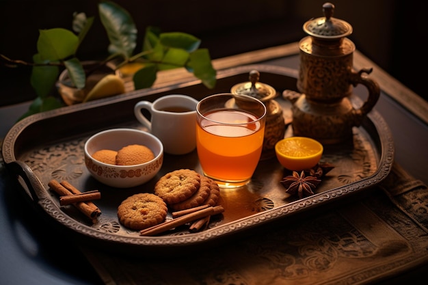 Photo cups of tea accompanied by spices and ginger