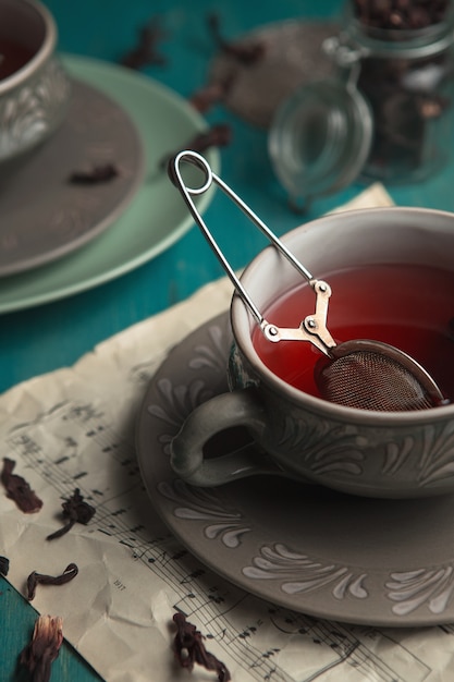 Cups of tea in a dim evening light