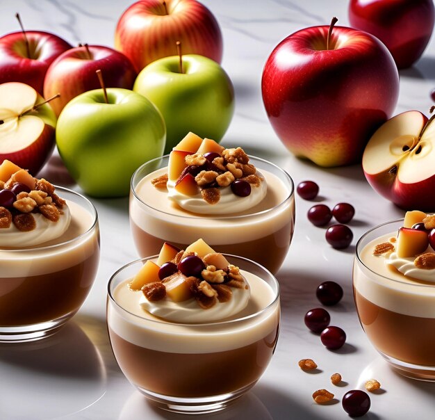 Cups with pudding and apples on the table