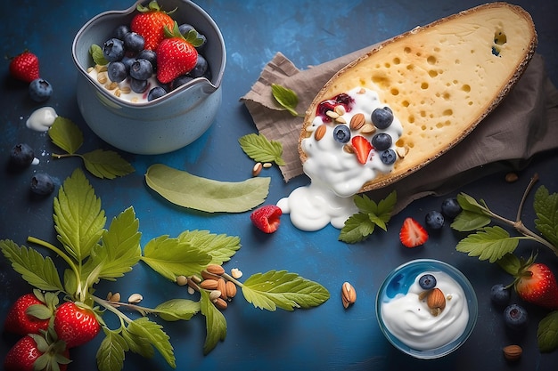 Curd cheese with fresh strawberries blueberries nuts and yogurt in a bowl Top view Generative AI