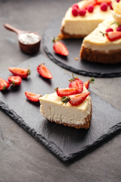 curd cheesecake decorated with strawberries