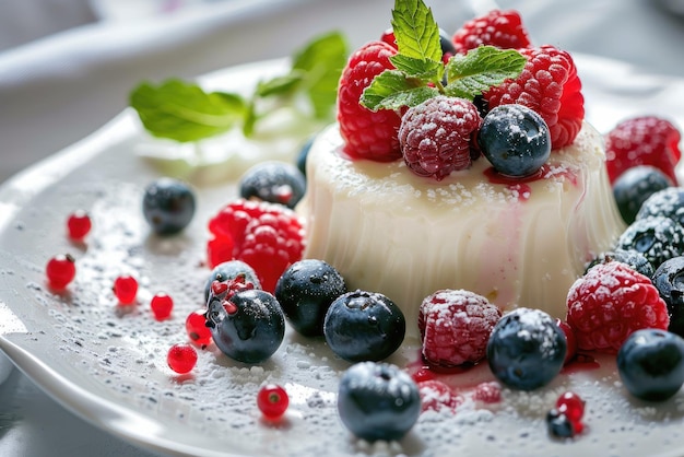 Curd dessert with cream raspberries and blueberries garnished with fresh mint