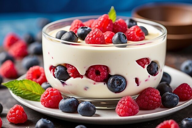 Curd dessert with cream raspberries and blueberries garnished with fresh mint