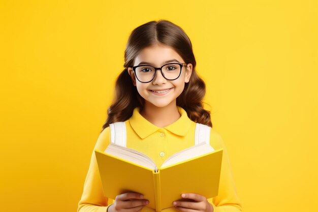 Cure Girl with Glasses Ready for School on Yellow Background Ultra Realistic 8K Stock Photo