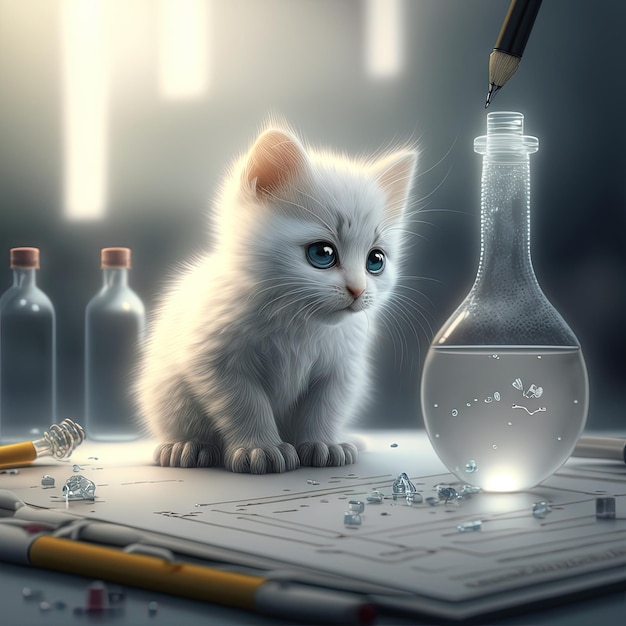 Cure white kitten doing science homework Small cat watching the experiment in transparent flask in the lab Generative AI