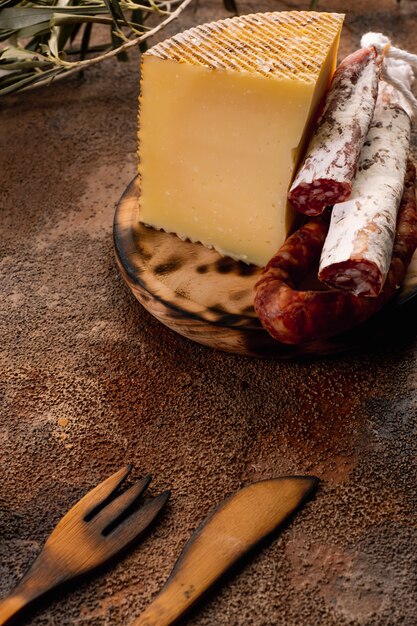Fuet chorizo, 치즈, 스페인산 소시지를 치료했습니다. 살라미 소시지 간식. 공간을 복사하십시오. 나무 테이블.