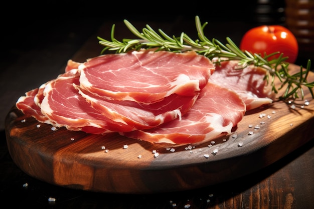 Cured Ham Slices on Wooden Board