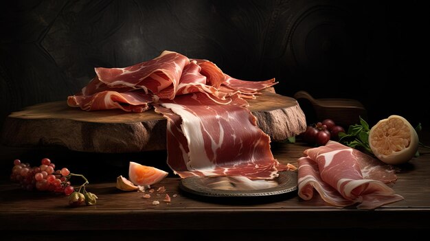 Photo the cured and sliced prosciutto on a wooden board in the style of majestic ports