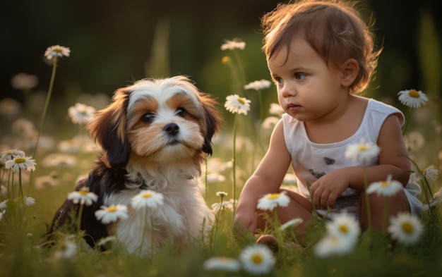 Любопытство и дружба между малышом и щенком в поле ромашек