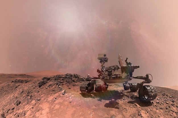 사진 붉은 행성의 표면을 탐험하는 호기심 화성 탐사차