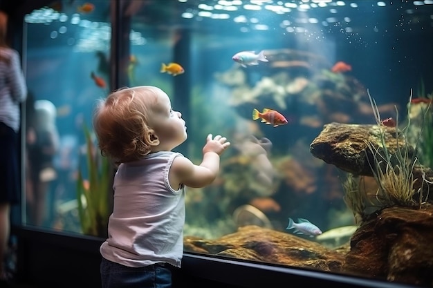 Photo curious 2yearold captivated by aquaria adorable indoor fish tank fascination