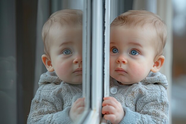 Curious and adorable baby boy playing at home and looking his reflection in the window