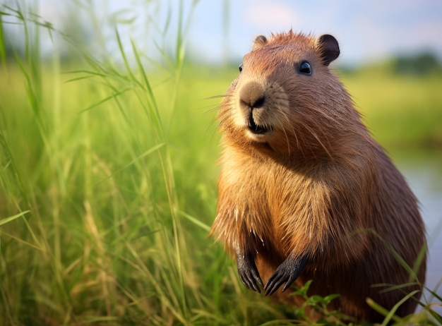 Photo curious baby beaver emerges from the water sits on its grass high quality photo