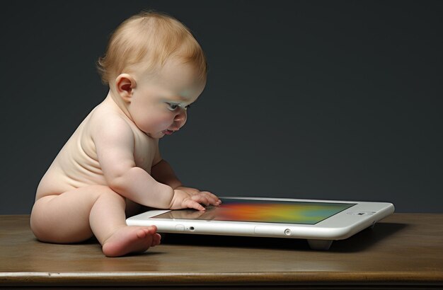 Curious baby touching an electronic device on a table AI generative