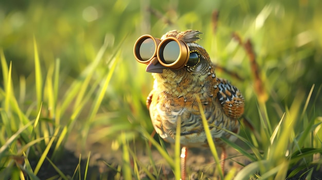 Photo a curious bird wearing a pair of steampunk goggles peers out from the tall grass its eyes wide with wonder