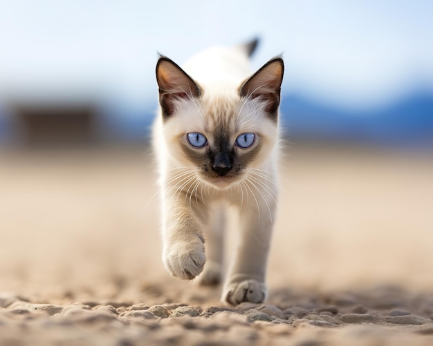 호기심 많은 BlueEyed 샴 고양이 여름 모래 모험
