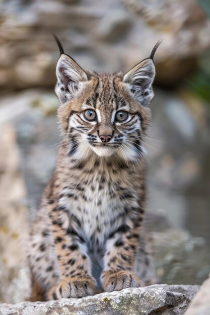 A curious bobcat kitten with big tufted ears and a playful expression