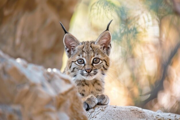 Photo a curious bobcat kitten with big tufted ears and a playful expression