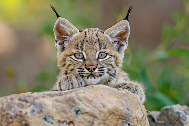 A curious bobcat kitten with big tufted ears and a playful expression