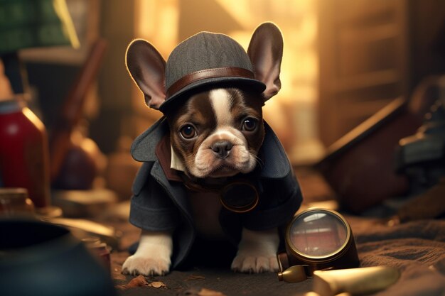 Photo a curious boston terrier puppy in a detectives tre 00155 02