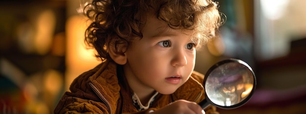 Curious boy looks through a magnifying glass