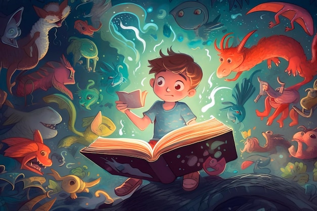 Curious boy opening a book and being transported to a magical world filled with whimsical creatures and vibrant colorsGenerative AI