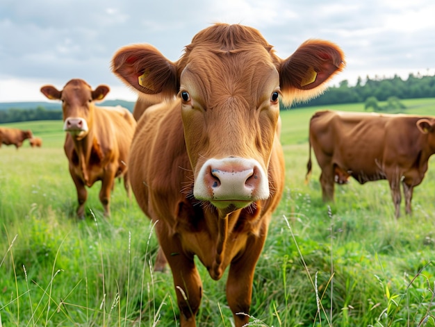 A curious brown cow looks directly at the camera with a herd grazing in the lush field behind