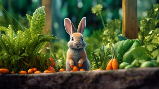 A curious bunny nibbling on a carrot in a vegetable AI generated