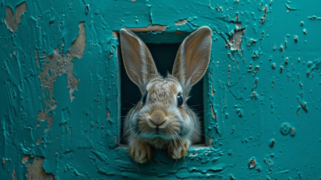 Curious Bunny Peeking Through a Teal Hatch