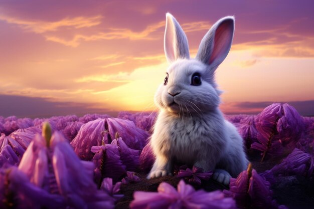 Photo a curious bunny taking in the beauty of a purple meadow