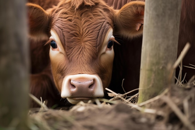 Curious calf peeking out from behind its mother Generative AI