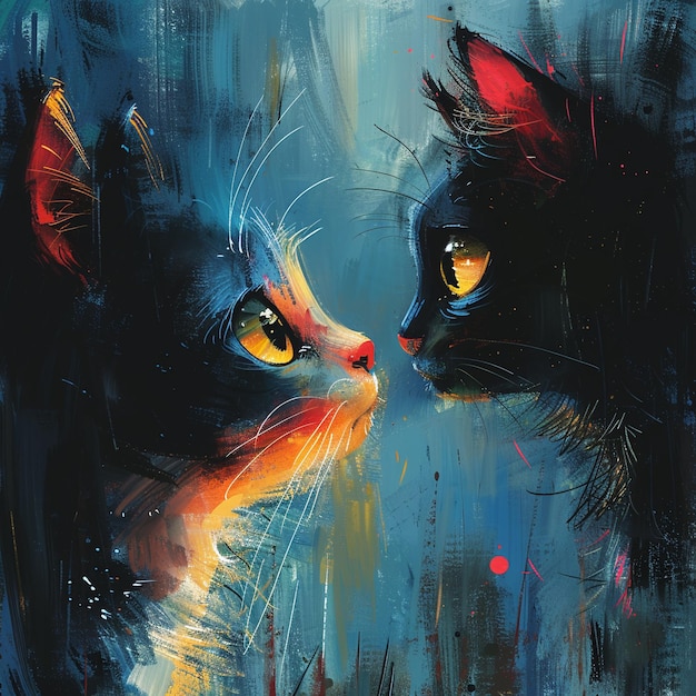 Curious cat encounter painted in a whimsical