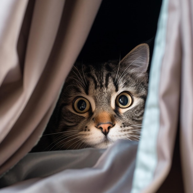 Curious cat peeking out from behind a curtain