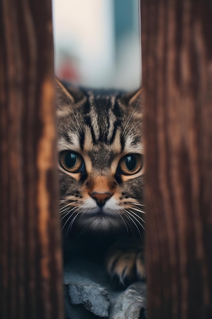 奇妙 な 猫 が 道路 の フェンス の 後ろ から 眺め て いる