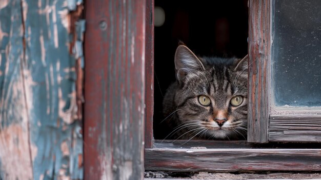 curious cat peering out of a window watching the world go by