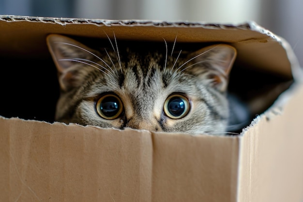 A curious cat peers out of a cardboard box its eyes wide with interest A curious cat peeking out from a cardboard box AI Generated