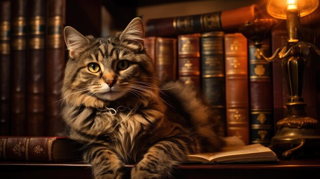 A curious cat perched on a bookshelf in a cozy library