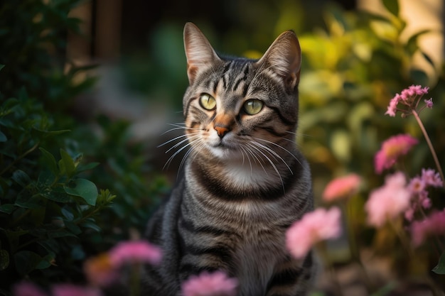 Curious cat posing in colorful garden generative IA