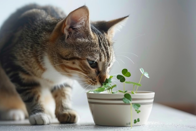 Photo curious cat sniffs at potted clover