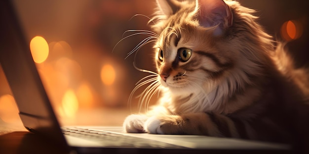 Curious cats gather around the glowing laptop screen Concept Cats Technology Curiosity Animals Entertainment