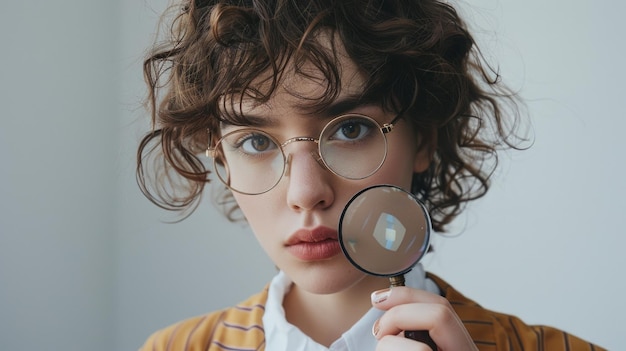 A curious character gazes intently holding a magnifying glass