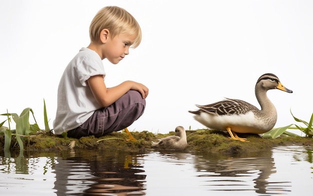 Curious Child by the Pond Watching Ducks