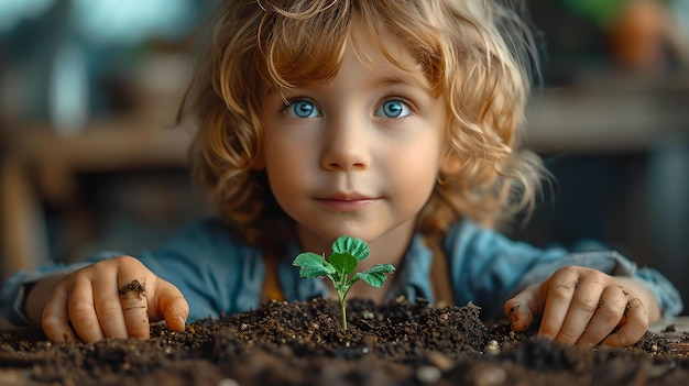 好奇心旺盛な子供が自然を発見し、土に手を入れて植物を育て、芽を出し、無邪気な探検、子供時代の思い出、AI