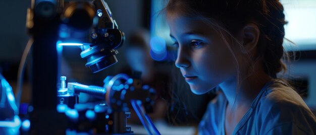 Curious child engaged in science fascinated by bright blue experiments