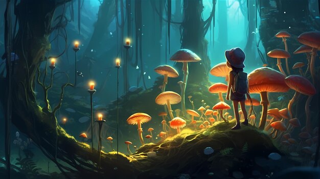 Curious child exploring a mystical forest filled with giant mushrooms glowing plants Wonder and enchantment Generative ai