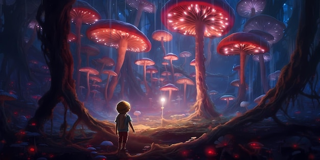 Curious child exploring a mystical forest filled with giant mushrooms glowing plants Wonder and enchantment Generative ai