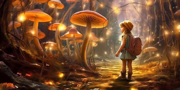 Curious child exploring a mystical forest filled with giant mushrooms glowing plants Wonder and enchantment Generative ai