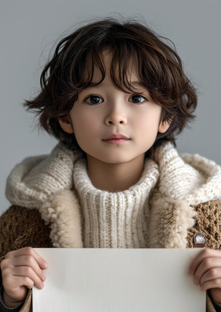 Curious child holding a blank sign ready for your message portrait of a young boy with expressive eyes AI